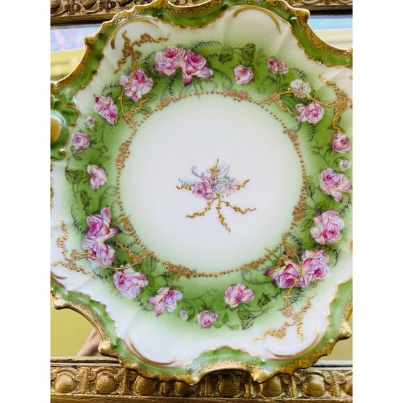Lewis Straus LS&S Limoges Art Nouveau Roses w Gold 8” Plate France Green READ - Picture 6 of 10
